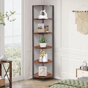 IRCPEN 6 Tier Corner Shelf, Industrial 63.1" Tall Ladder Corner Storage Shelf with Adjustable Feet,Rustic Display Rack Multipurpose Bookshelf Bookcase,Plant Stand for Living Room, Bedroom (Brown) in Kuwait