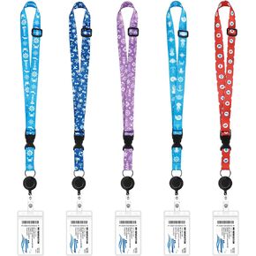 5 Sets Cruise Lanyards Pattern Adjustable Lanyard with Retractable Reel Waterproof ID Badge Holders for Cruises Ship Cards Accessories (Vivid Style)
