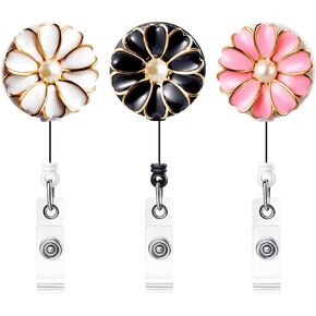 Qinsuee Retractable Badge Holder with Alligator Clip, 24 inch Retractable Cord, ID Badge Reel with Pearl, 3 Pack (Multiple)
