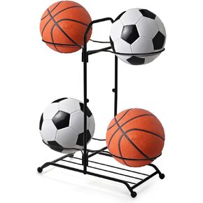 Lawei Metal Basketball Ball Storage Rack, 4-Ball Double Side Sports Equipment Stand Holder, Ball Organizers Rack Display Stand for Home Garage Rugby Basketball Football Volleyball Storage, Black