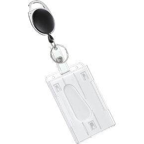Pawfly 2 Pack Vertical 2-Card Badge Holder with Thumb Slots Hard Transparent PC Case Protector with Retractable Badge Reel Carabiner Clip for IDs Credit Cards Driver’s Licenses and Passes