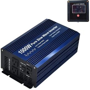 Fit4Less Pure Sine Wave Power Inverter 1000W DC12V to AC 110V with Dual sockets and USB, LCD Remote kit. (1000W)