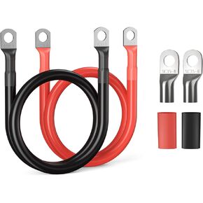 2 AWG Battery Cable 600V 392°F Tinned Copper Battery Inverter Cables with 3/8 in Lugs Both Ends Power Inverter Wire for Automotive, Solar Marine, Boat, RV (Red and Black 1FT)