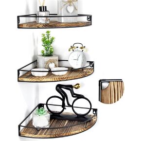 Corner Shelf Wall Mount Set of 3, Corner Floating Shelves with Cable Hole Corner Wall Shelf Solid Wood Round End Wall Storage Shelves for Wall Decor, Dark Brown