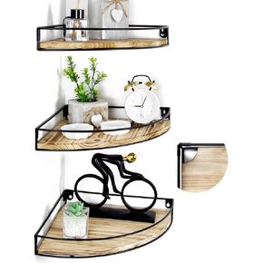 مجموعة من 3 أرفف زاوية مثبتة على الحائط، أرفف عائمة في الزاوية مع فتحة للكابل، أرفف تخزين حائطية من الخشب الصلب لديكور الحائط، بني داكن in Kuwait