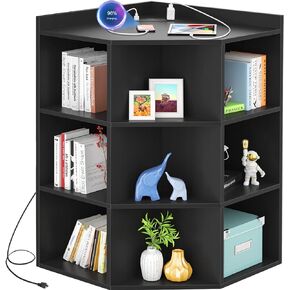 Aheaplus Corner Cabinet, Corner Storage with USB Ports and Outlets, Wooden Cubby Corner Bookshelf with 9 Cubes for Small Space, Corner Cube Toy Storage for Bedroom, Living Room, Office, White