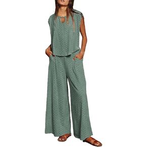 Womens 2 Piece Outfits Cap Sleeve Summer Top 2024 Trendy Short Sleeve Sweatsuit Wide Leg Pants Lounge Sets Tracksuits