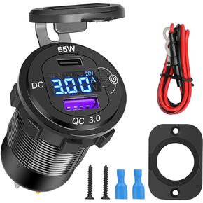 101W 12V USB Charger Socket, 36W QC3.0 USB Power Outlet & 65W PD USB C Socket, Waterproof 12V to 20V PD USB C Automotive Socket with Dual Display Voltmeter Voltage for 12/24V Car Boat Marine