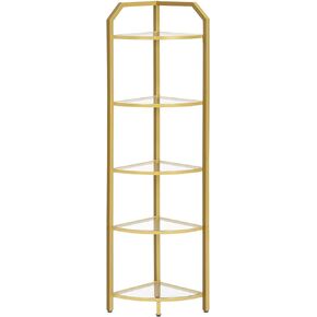 HOOBRO 5-Tier Corner Shelf Stand, Gold Corner Bookshelf, Tempered Glass Shelves, Bathroom Organizer, Corner Plant Stand, for Living Room, Study, Balcony, Home Office, Modern Style, Gold GD15CJ01