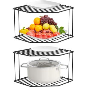 AKAZA 2Pcs 2-Tier Corner Stackable Organizer Shelf for Kitchen - Cabinet Storage Shelf Rack, Shelves，Kitchen Counter and Cabinet Shelf, Storage Rack Organizer for Kitchen (Black)