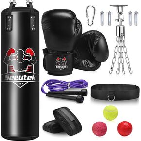 Seeutek 4FT Punching Bag for Adults, PU Heavy Bag Boxing Bag Set with 12OZ Boxing Gloves, Chain, Wraps for MMA Kickboxing Karate Thai Taekwondo Muay Home Gym Training (Unfilled)