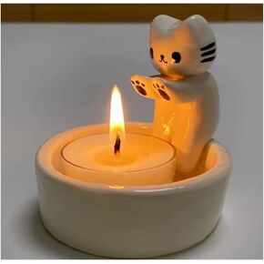 Kitten Candle Holder, Handmade Ceramic Candlestick,Cartoon Kitty Warming Its Paws Cute Light Holder, Gift for Cat Lover Choice(Not Included Candles) in Saudi Arabia