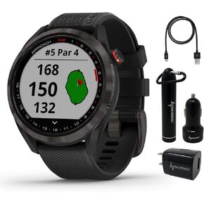 Garmin Approach S42 Premium GPS Golf Watch, Gunmetal with Black Silicone Band and Wearable4U Power Pack Bundle