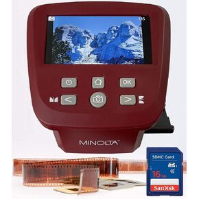 ماسح ضوئي للأفلام والشرائح من مينولتا، شاشة كبيرة 5 بوصات، تحويل الألوان والأبيض والأسود 35 مم، 126، 110 سلبي وشرائح، أفلام سوبر 8 إلى صور رقمية JPEG عالية الدقة بدقة 22 ميجابكسل، بطاقة SD سعة 16 جيجابايت، محول تيار متردد عالمي (أحمر) in Kuwait