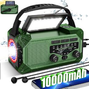 10000mAh Emergency Weather Radio with Solar Charging, Hand Crank Radio Solar Radio Portable Radio AM/FM/NOAA Radio LED Flashlight Reading Lamp Compass Phone Charger SOS Alarm for Outdoor Camping
