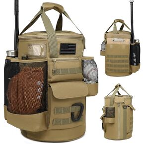 Baseball Bucket Bag Baseball Coaching Accessories Organizer Tactical Style Softball Bucket Bag with Anti-Slip Bottom, Multiple Pockets for Bat, Gloves, Scoreboards