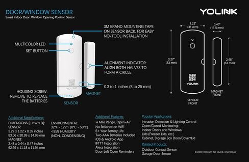 YoLink LoRa Smart Door & Window Sensor 3-Pack: تذكيرات الباب الأيسر المفتوح، نطاق يصل إلى 1/4 ميل في الهواء الطلق، عمر بطارية يصل إلى 5 سنوات، Alexa، IFTTT، مساعد منزلي in Kuwait