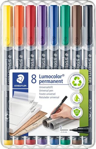 قلم Staedtler Lumocolor العالمي، طرف لباد، قلم تحديد دائم، صندوق مكون من 8 أقلام ألوان متنوعة، 0.4 مم 313 WP8 in Saudi Arabia