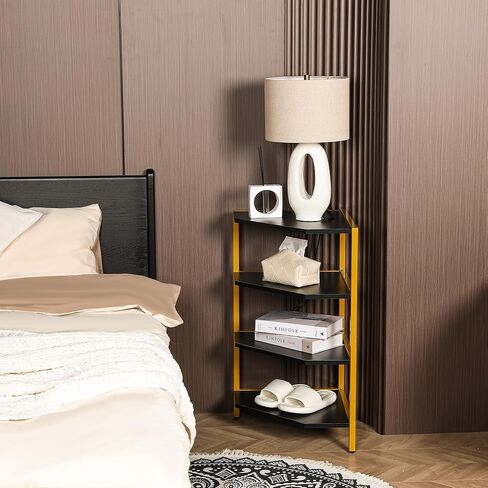 4-Tier Corner Storage Shelves - Tall Display Rack With Gold Iron Frame & Black Wood Shelving - Decorative Shelving for Home Decor, Living Room, Bedroom, Kitchen, Bathroom - Stained Wood Finish in Saudi Arabia