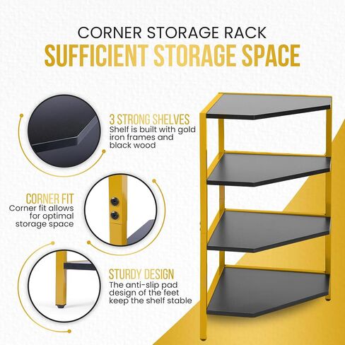 4-Tier Corner Storage Shelves - Tall Display Rack With Gold Iron Frame & Black Wood Shelving - Decorative Shelving for Home Decor, Living Room, Bedroom, Kitchen, Bathroom - Stained Wood Finish in Saudi Arabia