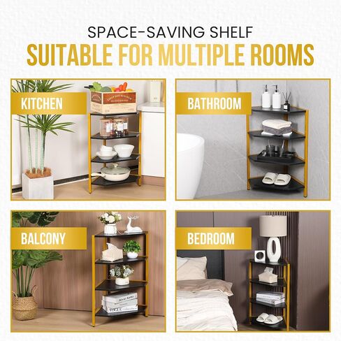 4-Tier Corner Storage Shelves - Tall Display Rack With Gold Iron Frame & Black Wood Shelving - Decorative Shelving for Home Decor, Living Room, Bedroom, Kitchen, Bathroom - Stained Wood Finish in Saudi Arabia