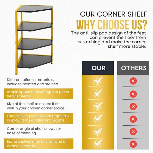 4-Tier Corner Storage Shelves - Tall Display Rack With Gold Iron Frame & Black Wood Shelving - Decorative Shelving for Home Decor, Living Room, Bedroom, Kitchen, Bathroom - Stained Wood Finish in Saudi Arabia