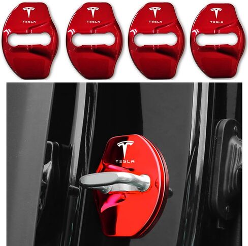 غطاء قفل باب السيارة من Fit Tesla Model 3 Model Y واقي عتبة الباب من الفولاذ المقاوم للصدأ لملحقات Tesla Model 3 Y (أحمر) in Saudi Arabia