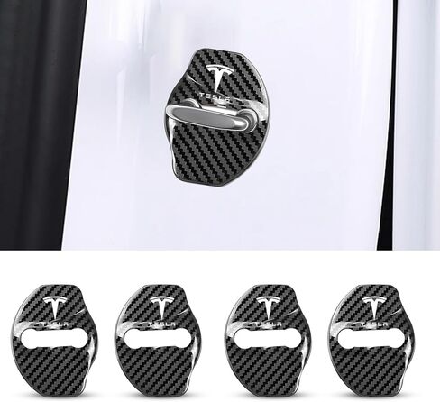 4Pcs Car Door Lock Covers for Tesla Model 3/Y/X, Doors Latches and Entry Stopper Protection Stainless Steel Cover Cars Interior Accessories(Carbon Fiber Black) in Kuwait