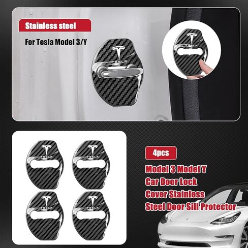 4Pcs Car Door Lock Covers for Tesla Model 3/Y/X, Doors Latches and Entry Stopper Protection Stainless Steel Cover Cars Interior Accessories(Carbon Fiber Black) in Kuwait