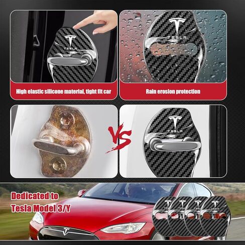 4Pcs Car Door Lock Covers for Tesla Model 3/Y/X, Doors Latches and Entry Stopper Protection Stainless Steel Cover Cars Interior Accessories(Carbon Fiber Black) in Kuwait