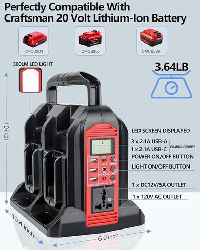 محول طاقة 350 واط لبطارية Craftsman 20v V20، 4 منافذ DC 20V إلى AC 110-120V عاكس بطارية مع 3 منافذ USB-A، 1 منفذ USB-C، ضوء LED 300lm للتخييم في الهواء الطلق والسفر في حالات الطوارئ (الأداة فقط) in Kuwait