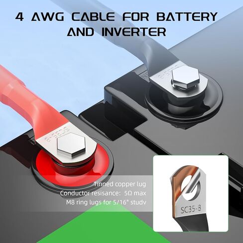 4 كابل بطارية AWG 600 فولت 392 درجة فهرنهايت كابلات عاكسة للبطارية النحاسية المعلبة مع عروات 3/8 في كلا الطرفين سلك عاكس الطاقة للسيارات والبحرية الشمسية والقوارب وRV (أحمر وأسود 1 قدم) in Kuwait