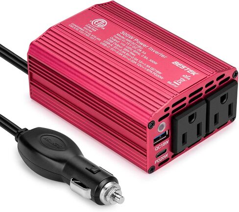 Bestek 300 واط عاكس طاقة السيارة، تيار مستمر 12 فولت إلى 110 فولت تيار متردد مع USB-C PD 30 واط محول قابس السيارة مع منافذ USB QC3.0 متعددة الحماية شاحن سيارة عاكس الطاقة للمركبات in Saudi Arabia