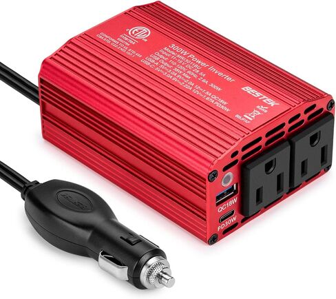 Bestek 300 واط عاكس طاقة السيارة، تيار مستمر 12 فولت إلى 110 فولت تيار متردد مع USB-C PD 30 واط محول قابس السيارة مع منافذ USB QC3.0 متعددة الحماية شاحن سيارة عاكس الطاقة للمركبات in Saudi Arabia
