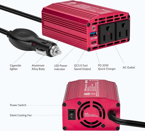 Bestek 300 واط عاكس طاقة السيارة، تيار مستمر 12 فولت إلى 110 فولت تيار متردد مع USB-C PD 30 واط محول قابس السيارة مع منافذ USB QC3.0 متعددة الحماية شاحن سيارة عاكس الطاقة للمركبات in Saudi Arabia