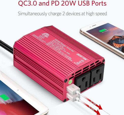 Bestek 300 واط عاكس طاقة السيارة، تيار مستمر 12 فولت إلى 110 فولت تيار متردد مع USB-C PD 30 واط محول قابس السيارة مع منافذ USB QC3.0 متعددة الحماية شاحن سيارة عاكس الطاقة للمركبات in Saudi Arabia