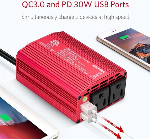 Bestek 300 واط عاكس طاقة السيارة، تيار مستمر 12 فولت إلى 110 فولت تيار متردد مع USB-C PD 30 واط محول قابس السيارة مع منافذ USB QC3.0 متعددة الحماية شاحن سيارة عاكس الطاقة للمركبات in Saudi Arabia
