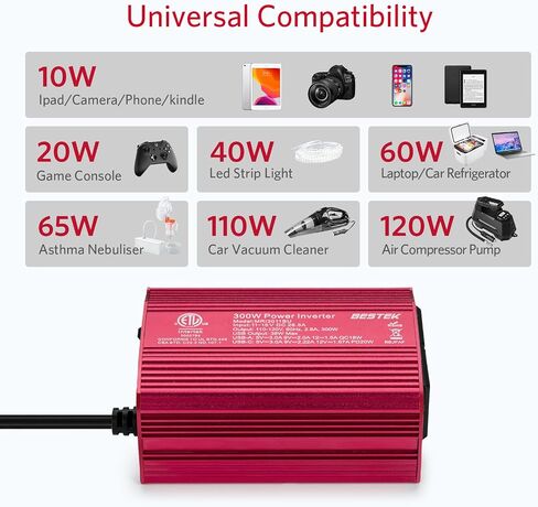 Bestek 300 واط عاكس طاقة السيارة، تيار مستمر 12 فولت إلى 110 فولت تيار متردد مع USB-C PD 30 واط محول قابس السيارة مع منافذ USB QC3.0 متعددة الحماية شاحن سيارة عاكس الطاقة للمركبات in Saudi Arabia
