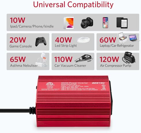 Bestek 300 واط عاكس طاقة السيارة، تيار مستمر 12 فولت إلى 110 فولت تيار متردد مع USB-C PD 30 واط محول قابس السيارة مع منافذ USB QC3.0 متعددة الحماية شاحن سيارة عاكس الطاقة للمركبات in Saudi Arabia