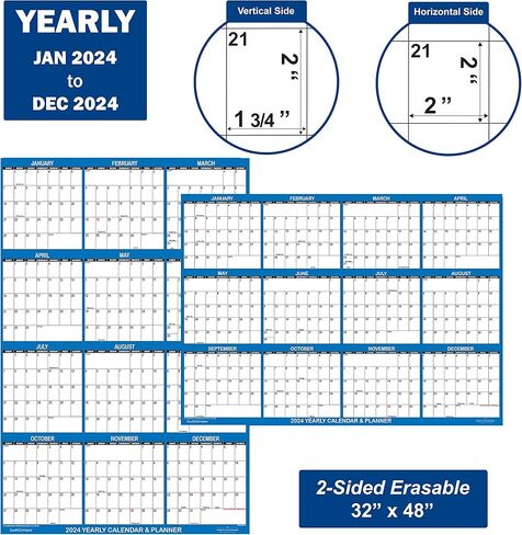 تقويم حائط SwiftGlimpse 2024 مقاس 32 بوصة × 48 بوصة، قابل للمسح، مقاس كبير XL، مسح رطب وجاف، مصفح، مخطط حائط سنوي سنوي لمدة 12 شهرًا، قابل للعكس، أزرق داكن in Kuwait