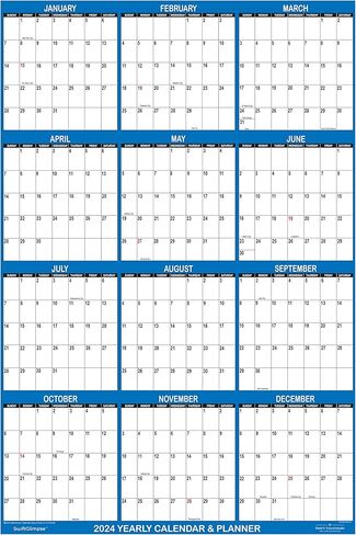 تقويم حائط ورقي مطوي من SwiftGlimpse 24 بوصة × 36 بوصة مقاس 24 بوصة × 36 بوصة، مخطط حائط سنوي كبير لمدة 12 شهرًا، قابل للعكس، أفقي/عمودي، أزرق داكن in Kuwait