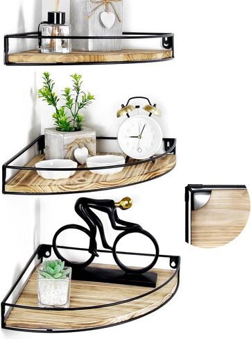 مجموعة من 3 أرفف زاوية مثبتة على الحائط، أرفف عائمة في الزاوية مع فتحة للكابل، أرفف تخزين حائطية من الخشب الصلب لديكور الحائط، بني داكن in Kuwait