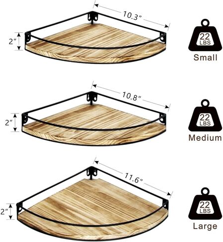 مجموعة من 3 أرفف زاوية مثبتة على الحائط، أرفف عائمة في الزاوية مع فتحة للكابل، أرفف تخزين حائطية من الخشب الصلب لديكور الحائط، بني داكن in Kuwait