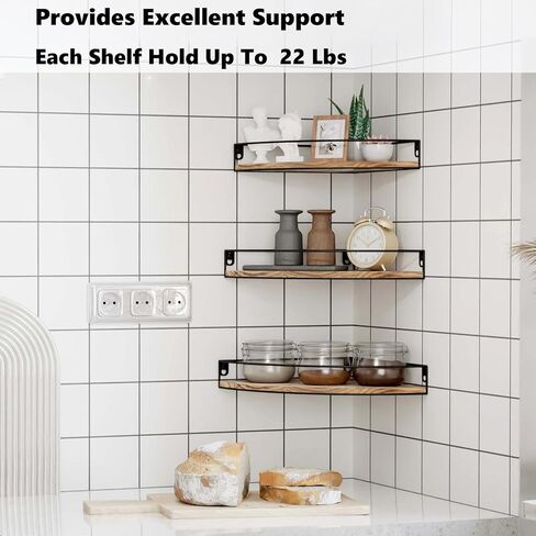 مجموعة من 3 أرفف زاوية مثبتة على الحائط، أرفف عائمة في الزاوية مع فتحة للكابل، أرفف تخزين حائطية من الخشب الصلب لديكور الحائط، بني داكن in Kuwait