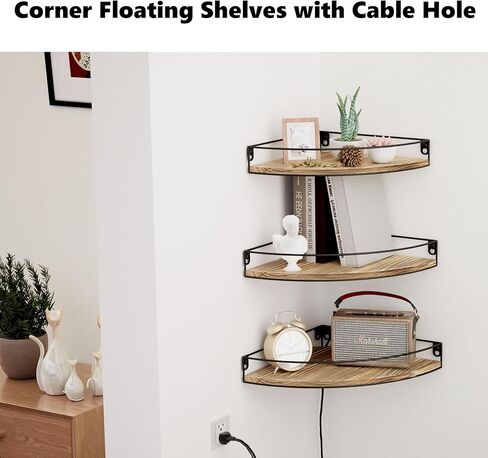 مجموعة من 3 أرفف زاوية مثبتة على الحائط، أرفف عائمة في الزاوية مع فتحة للكابل، أرفف تخزين حائطية من الخشب الصلب لديكور الحائط، بني داكن in Kuwait