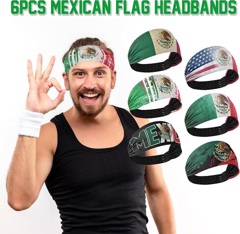 6 قطع من عصابات الرأس الرياضية ذات العلم المكسيكي للرجال والنساء، عصابات رأس مرنة للعرق، عصابات رأس رياضية لليوجا والجولف وصالة الألعاب الرياضية والتخييم والجري والتنس in Kuwait