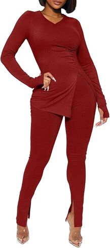 Ekaliy المرأة مثير 2 قطعة ملابس الخامس الرقبة سبليت مضلع القمم متوهج بانت مجموعة رياضية الشارع الشهير in Kuwait