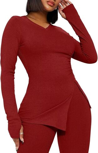 Ekaliy المرأة مثير 2 قطعة ملابس الخامس الرقبة سبليت مضلع القمم متوهج بانت مجموعة رياضية الشارع الشهير in Kuwait