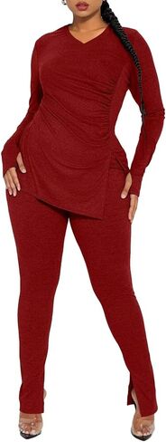 Ekaliy المرأة مثير 2 قطعة ملابس الخامس الرقبة سبليت مضلع القمم متوهج بانت مجموعة رياضية الشارع الشهير in Kuwait