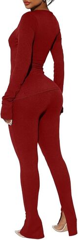 Ekaliy المرأة مثير 2 قطعة ملابس الخامس الرقبة سبليت مضلع القمم متوهج بانت مجموعة رياضية الشارع الشهير in Kuwait